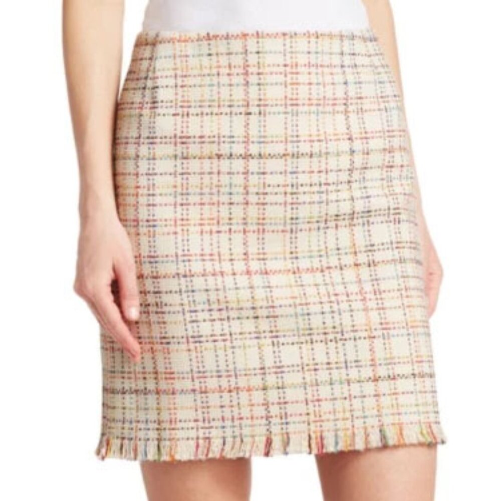New AKRIS Cream Multi Cotton Blend Fringe Hem Tweed Mini Skirt 8, 12
